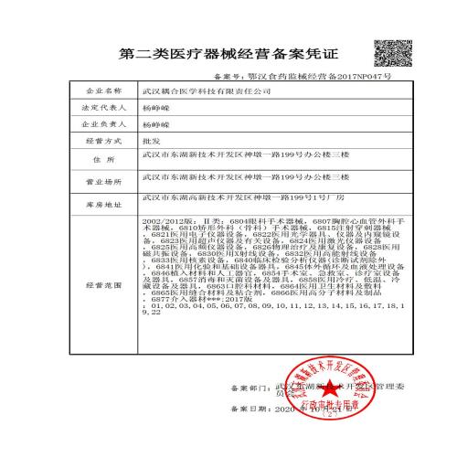 武汉耦合医学第二类医疗器械经营备案凭证